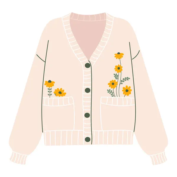 Şirin vektör hırka. Sıcak sıcak sonbahar kıyafetleri. Beyaza izole edilmiş basit komik çizgi film sanatı. El çizimi