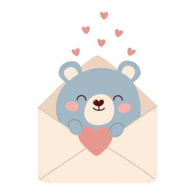 İçinde oyuncak ayı olan bir aşk mektubu. Anneler ve Sevgililer Günü 'ne sevgilerle selamlamayı gözünde canlandır. Posta, mektup ya da kırtasiye teması. Koleksiyon defteri, romantik tasarım, posterler, selamlama için şablon