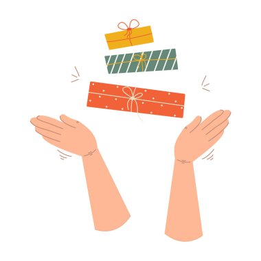 Ellerinde hediye kutuları. Kutlama konsepti. Doğum günü hediye paketi. Noel ya da yeni yıl kutlaması için hazırlık..