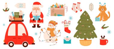 Kış elementlerinin şirin bir koleksiyonu. Bir kedi yavrusu, hediyeli bir araba, bir kardan adam. Noel ağacı ve bir kutu süs Noel Baba. Geleneksel tatil dekoru