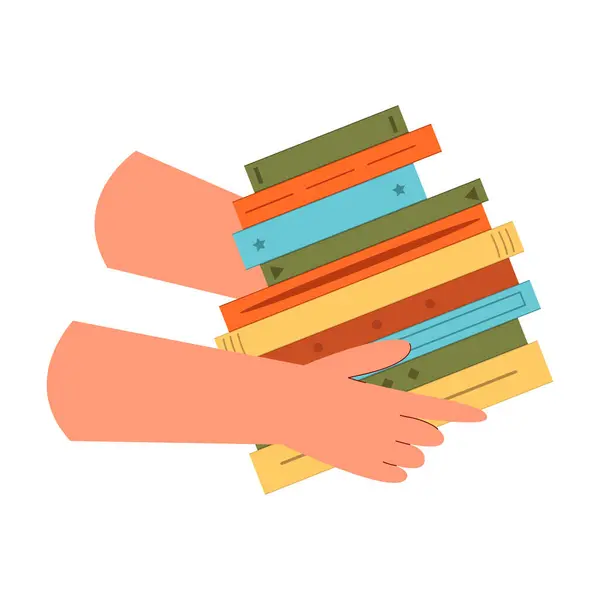 Kitap yığınını tutan ellerin sevimli vektör çizimi. Dünya Kitap Günü. Eğitim konsepti. Açık kitap yığınıyla tasarım şablonu. Beyazda izole edilmiş basit bir klima. Kitap festivali.