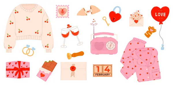 Sevgililer Günü için hoş romantik unsurlar. Sevgililer Günü kalbi için hatıra defteri malzemeleri, tahmin kurabiyeleri, hediye, Dubai çikolatası, pijamalar, aşk zarfları. Sevgililer Günü için vektör çizimleri, çıkartmalar, tebrik kartları