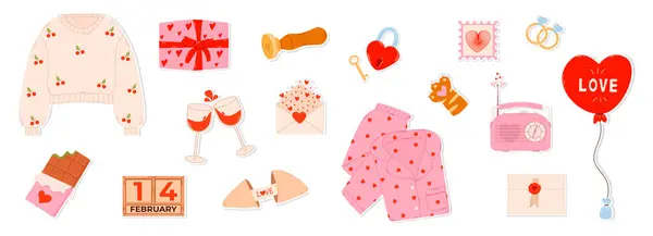 Sevgililer Günü çıkartmalarında kalp şeklinde dekorasyonlar, hediyeler, abur cuburlar ve kutlama ruhunu yansıtan kartlar yer alıyor..