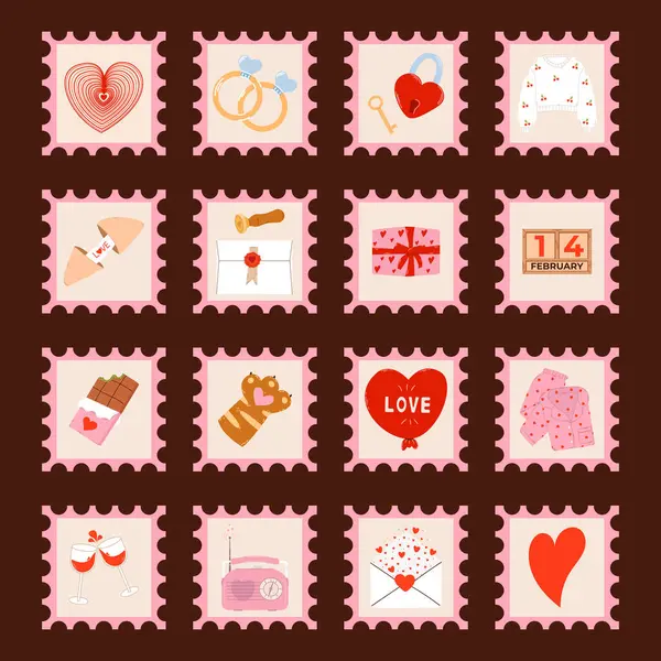 Romantik renkli sevgililer günü posta pulları seti. Günlük çıkartmaları, hatıra defteri ve tebrik kartları için hoş öğeler. Koyu arkaplanda vektör illüstrasyonu