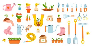 Bahçe malzemelerinin büyük bir kısmı. Plastik botlar, hortum, bitkiler, sulama tenekesi, ot, çimen, bahçe eldivenleri, kürek, tohum, tarım ve eko gibi bahçe elementlerinin vektör çizimi.