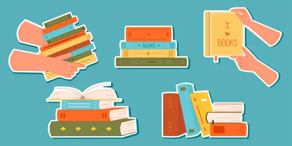 Dünya Kitap Günü çıkartmaları: bir yığın açık, kapalı kitap, ellerinde kitaplar, planlamacılar ve defterler için. Sevimlilerin basılabilir listesi. Çıkartmalar. Mavi izole arka plan. Düz stil.