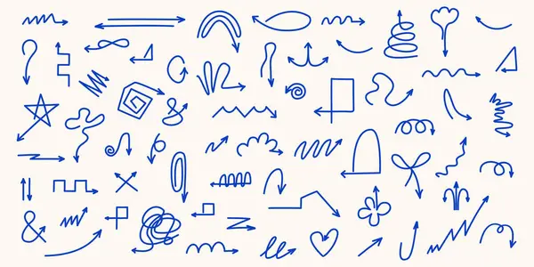 Farklı modaya uygun klasik Doodle okları. Basit çizim yön işaretleri. Farklı şekillerde. Düz, kıvırcık, kıvrık, yuvarlak. El çizimi vektör seti. Tüm elementler izole