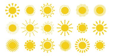 Güneş Vektörü İllüstrasyonları 'nın şirin bir seti. Farklı Işıklı Güneş. Sun Clip Sanat Grafikleri. Yaz teması. El Çizimi Dijital Resimler. İzole Beyaz Arkaplan.