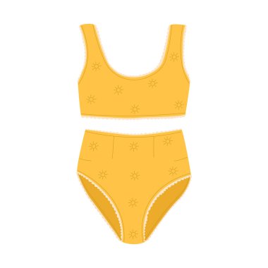 Sarı mayo ve güneş izi. Tatil için kadın kıyafetleri, yüzme. Modaya uygun bir mayo. Şık tasarım ve en az detay. Bikini çizimi