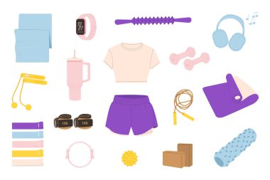 Farklı spor aletleri seti. Güzel el yapımı fitness koleksiyonu. Dambıllar, ip atlama, fitness elastik bantlar, yoga minderi, masaj topu, silindir. Ev antrenmanı. Sağlıklı yaşam tarzı kavramı. Düz izole vektör çizimleri