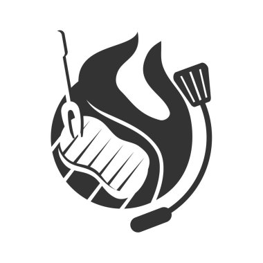 Barbekü logosu, bbq logotype ve ateş konsepti ile spatula karışımı.