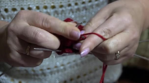 Ręce Kobiety Dzierganie Skarpetki Igłami Przędzą Kolorze Czerwonym Zbliżenie Rąk — Wideo stockowe