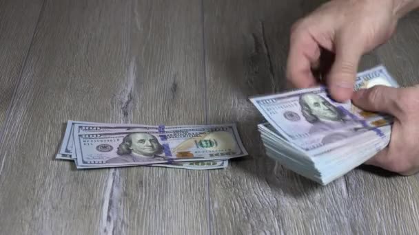Man Hand Holds Stack Dollars Arranges Them Out 1000 Dollars — Stockvideo