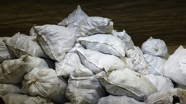 Dondurulmuş depoda patates dolu çantalar. Taze patates deposu