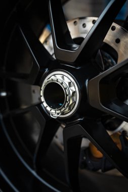 metal motorcycle brake system close-up. motorcycle details.