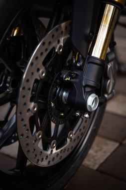 metal motorcycle brake system close-up. motorcycle details.