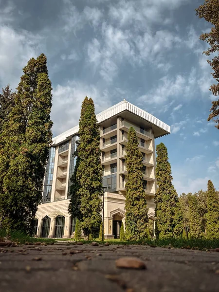 stock image a new hotel in the forest among the trees.