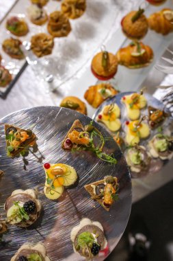 Çeşitli kanepelerin ve sandviçlerin en üst görüntüsü..