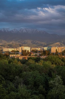 Arkaplanda dağlar olan, mavi gökyüzünün altında beyaz bulutlu yeşil ağaçlarla çevrili çarpıcı bir şehir manzarası..