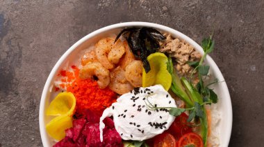 A delicious and healthy seafood rice bowl filled with fresh vegetables, egg, and tasty dressing. Perfect for a quick and easy meal. clipart