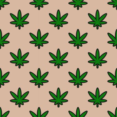 Seamless pattern with cannabis leaves on a beige background vector art illustration.