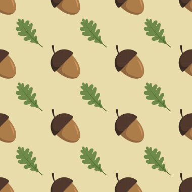 Seamless pattern with acorn and oak leaf on a beige background vector art illustration