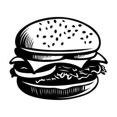 Burger siyah illüstrasyonu beyaz arkaplanda izole edildi