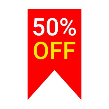 % 50 indirimli kırmızı vektör etiketi beyaz arkaplanda izole edildi