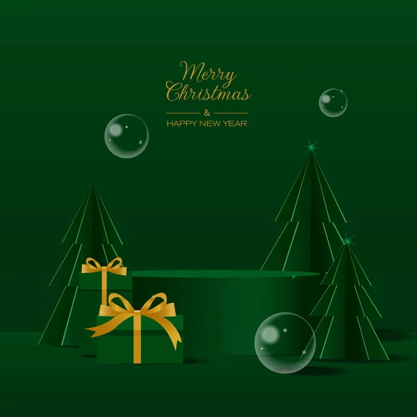 Zöld Fenyőfa Ajándékdoboz Zöld Háttérrel Karácsonyi Vagy Újévi Illusztráció Digitális — Stock Vector