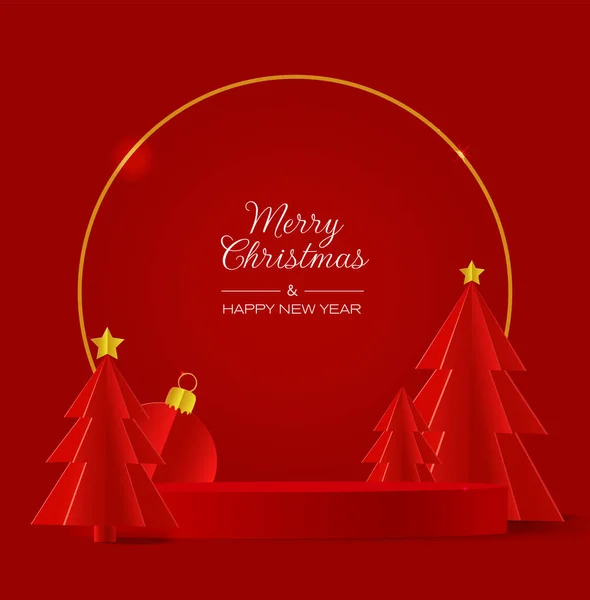 Piros Dobogó Piros Karácsonyfával Papírvágással Boldog Karácsonyt Boldog Évet Üdvözlőlapot — Stock Vector