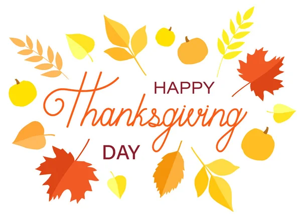 stock vector Happy Thankgiving day phrase with autumn leaves isolated on a white background. Vector illustration.