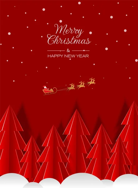 Mutlu Noeller tebrik kartı, kağıt kesiği çizimi. Karlı çam ağacı ve kırmızı arka planda Noel Baba..