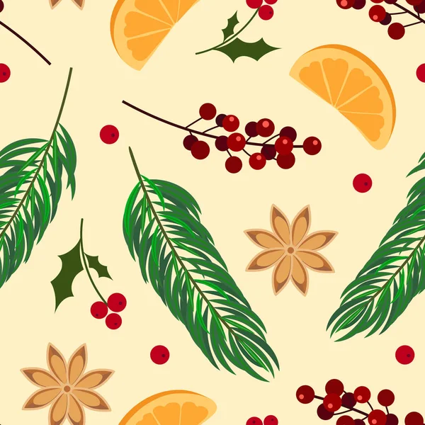 stock vector Christmas seamless pattern with spruse, citrus and cinnamon. EPS 10.