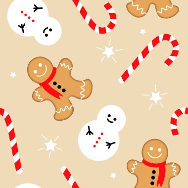 Kardan adam, baston şeker ve noel pastasıyla kusursuz bir Noel deseni. EPS 10.