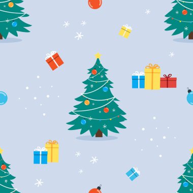 Noel ağacı, hediye kutusu ve Noel oyuncağıyla kusursuz bir şablon. EPS 10.