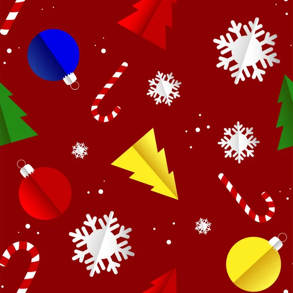Новорічний Або Різдвяний Паперовий Візерунок Ялина Сніжинка Цукерки Червоному Тлі — стоковий вектор