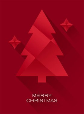 Kırmızı Noel kartı. Noel ağacı ve yıldızlar gradyan tasarım tarzında.