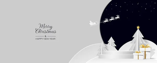 White Podium White Christmas Tree Snowflake Paper Cut Style Merry — 图库矢量图片