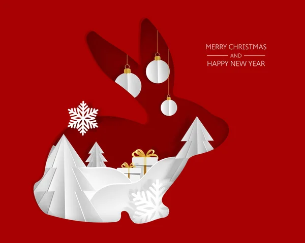 Rotes Kaninchen Mit Winterlandschaft Scherenschnitt Stil Weihnachts Oder Neujahrsgrußkarte — Stockvektor
