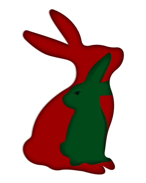 Weihnachtsgrußkarte Mit Hase Digitalen Bastelstil Silhouette Kaninchen Roten Und Grünen — Stockvektor