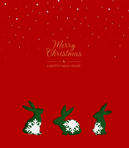 Weihnachtsgrußkarte Mit Hase Digitalen Bastelstil Grünes Kaninchen Auf Rotem Hintergrund — Stockvektor