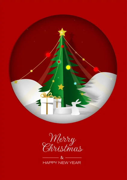 Christmas Tree Rabbit Gift Box Red Background Digital Craft Style — 图库矢量图片