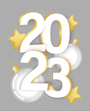 Gri arka planda 2023 numaralı altın yıldız ve oyuncak. Yeni yıl selamlama illüstrasyonu.