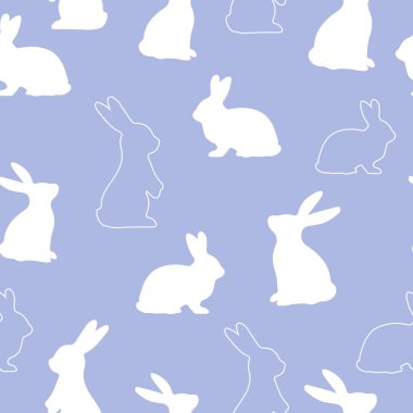 Mavi arka planda beyaz tavşan. Tavşan silueti. Kusursuz vektör deseni.