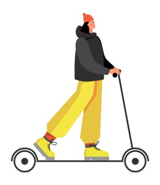 Kız scooter 'a biniyor. Vektör illüstrasyonu.