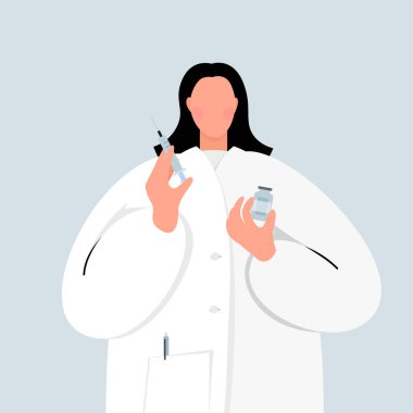 Elinde şırıngayla stilize kadın doktor. Düz Çizim.