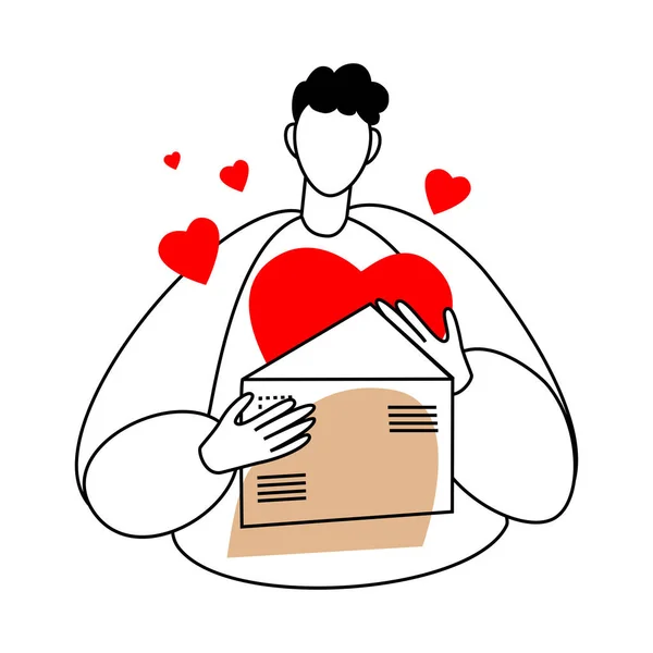Confession Love Man Holding Letter Confession Love Vector Line Drawing — Stockový vektor