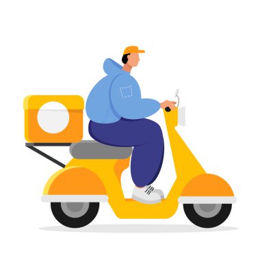 A courier with a backpack rides a yellow scooter. Vector illustration.