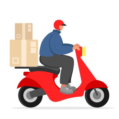 A courier with a boxes rides a red scooter. Delivering. Vector illustration.