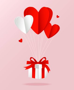 Red hearts in the style of paper cutting fly with a gift. Valentine's greeting background.